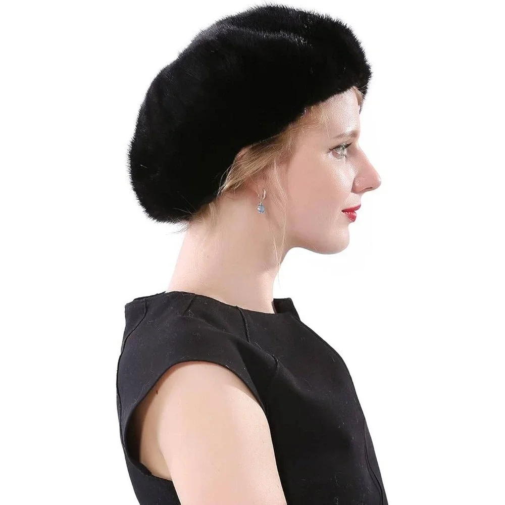 MSRP $60 YXCFEWD Women's Beret Black Real Mink Fur Hat Knit‎ Russian Winter Cap